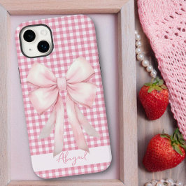 Girly Pink Bow Gingham Plaid gepersonaliseerd Case-Mate iPhone 14 Plus Hoesje