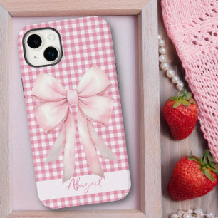 Girly Pink Bow Gingham Plaid gepersonaliseerd Case-Mate iPhone 14 Plus Hoesje