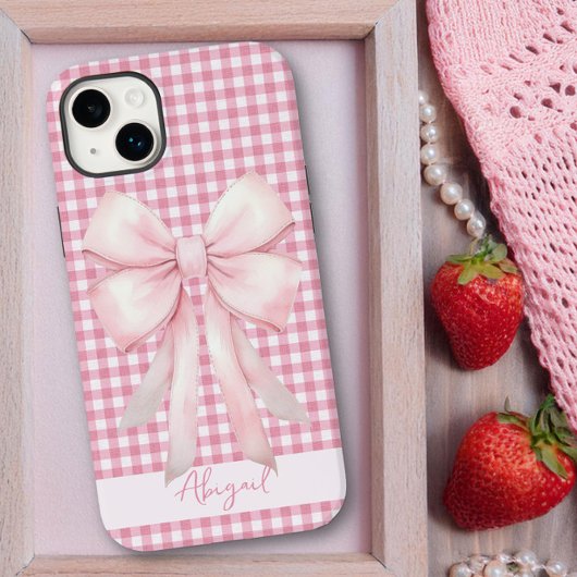 Girly Pink Bow Gingham Plaid gepersonaliseerd Case-Mate iPhone Case