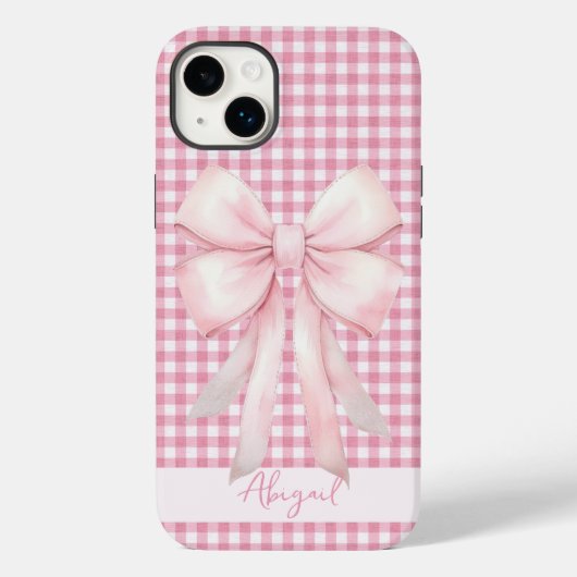 Girly Pink Bow Gingham Plaid gepersonaliseerd Case-Mate iPhone Case (Achterkant)