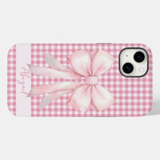 Girly Pink Bow Gingham Plaid gepersonaliseerd Case-Mate iPhone Case (Achterkant (horizontaal))