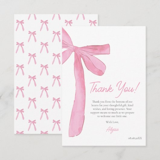 Girly Pink Bow Hand drawn Coquette baby shower Bedankkaart (Voorkant / Achterkant)