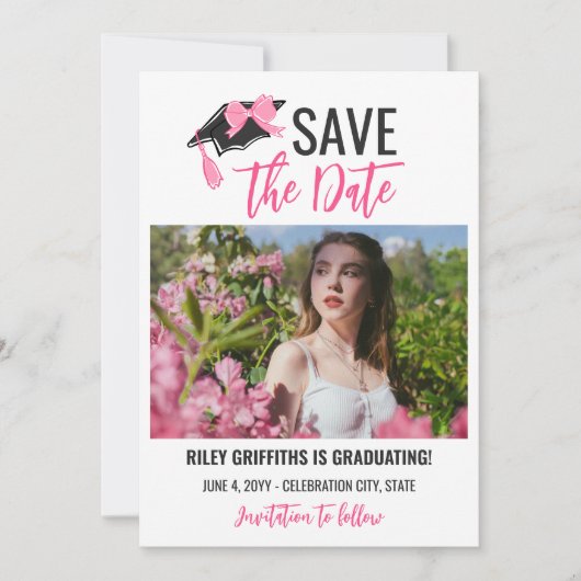 Girly Pink Bow & Pet Afstuderen Save The Date (Voorkant)