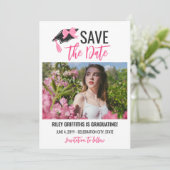Girly Pink Bow & Pet Afstuderen Save The Date (Staand voorkant)