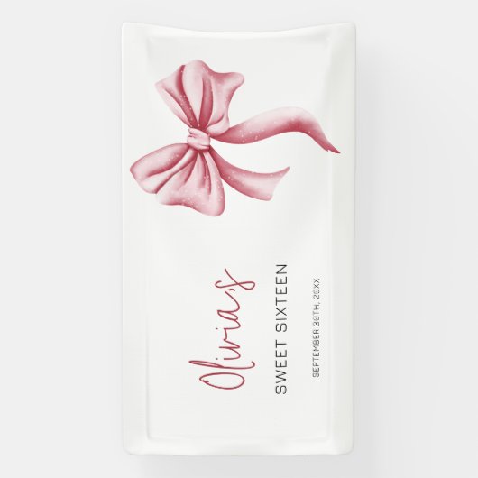 Girly Pink Bow Sweet Sixteen Birthday Party Spandoek (Verticaal)