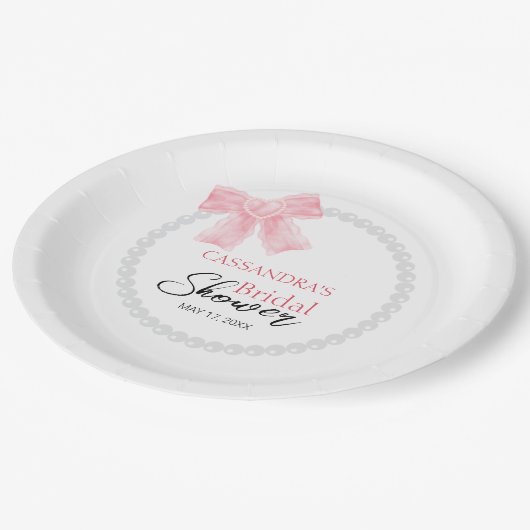 Girly Pink Bow White Circle Pearl Vrijgezellenfees Papieren Bordje (Gekanteld)