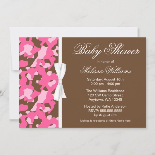 Girly Pink Brown Camo Ribbon Baby shower Kaart (Voorkant)