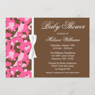 Girly Pink Brown Camo Ribbon Baby shower Kaart