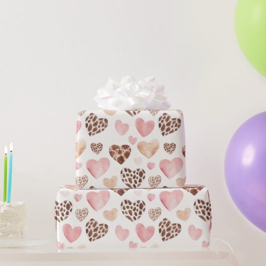 Girly Pink Brown Cream Leopard Animal Hearts Cadeaupapier (Feestgeschenken)