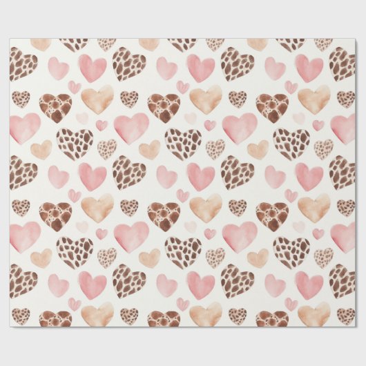 Girly Pink Brown Cream Leopard Animal Hearts Cadeaupapier (Vlak)