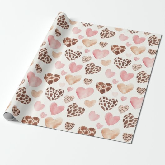 Girly Pink Brown Cream Leopard Animal Hearts Cadeaupapier (Uitgerold)