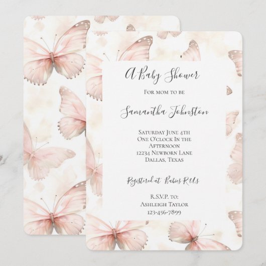 Girly Pink Butterflies Baby Shower Kaart (Voorkant / Achterkant)