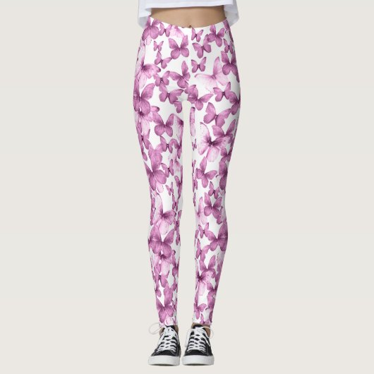 Girly Pink Butterflies Whimsical Patterned Leggings (Voorkant)