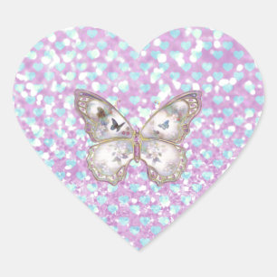 Girly Pink Butterfly Blue Hearts Glitter Pattern Hart Sticker