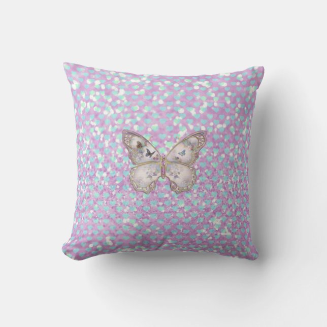Girly Pink Butterfly Blue Hearts Glitter Pattern Kussen (Voorkant)
