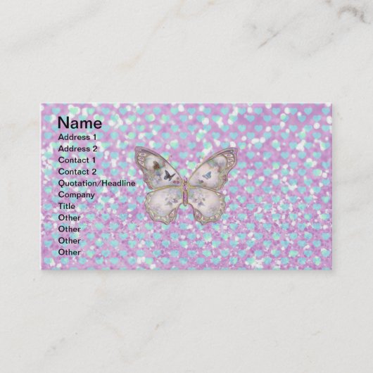 Girly Pink Butterfly Blue Hearts Glitter Pattern Visitekaartje (Voorkant)