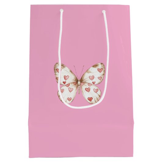 Girly Pink Butterfly Hearts Verjaardag Medium Cadeauzakje (Achterkant)