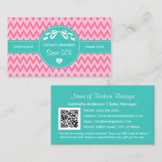 Girly Pink Chevron Boutique Loyalty Rewards Coupon (Voorkant / Achterkant)