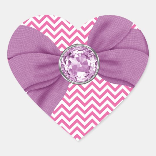 Girly Pink Chevron Jewel Paarse Bow Hart Sticker (Voorkant)