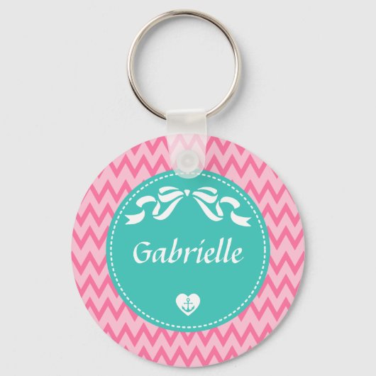 Girly Pink Chevron Pattern kletst met naam Sleutelhanger (Voorkant)