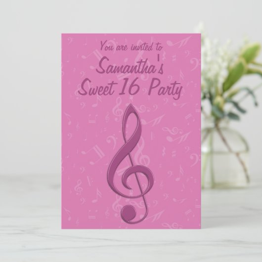 Girly Pink Clef en Musical Notes Birthday Party Kaart (Staand voorkant)