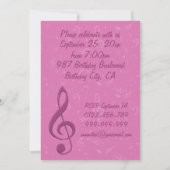 Girly Pink Clef en Musical Notes Birthday Party Kaart (Achterkant)