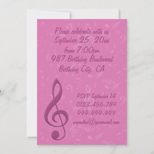 Girly Pink Clef en Musical Notes Birthday Party Kaart (Achterkant)