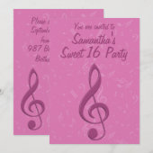 Girly Pink Clef en Musical Notes Birthday Party Kaart (Voorkant / Achterkant)