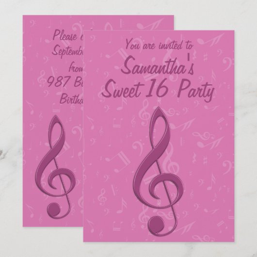 Girly Pink Clef en Musical Notes Birthday Party Kaart (Voorkant / Achterkant)