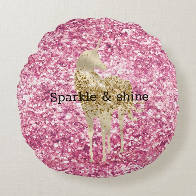 Girly Pink Confetti Gold Unicorn Rond Kussen (Voorkant)