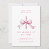 Girly Pink Coquette Bow Candle 1e verjaardag Kaart (Voorkant)