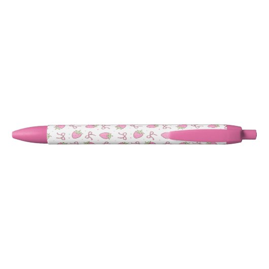 Girly Pink Coquette Strawberry Bow Script Naam Zwarte Inkt Pen (Achterkant)