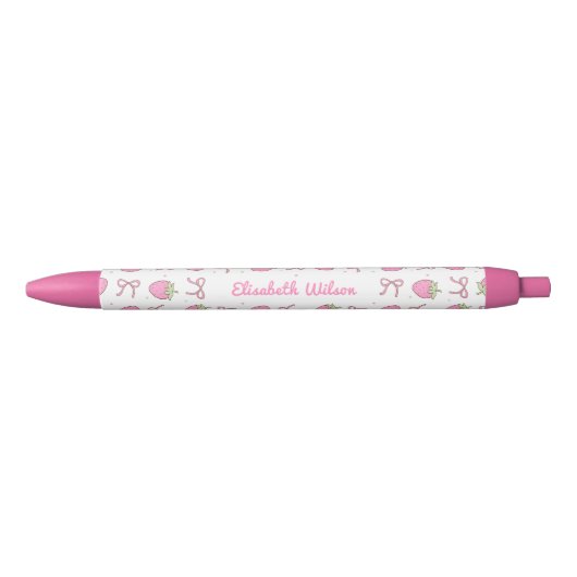 Girly Pink Coquette Strawberry Bow Script Naam Zwarte Inkt Pen (Voorkant)