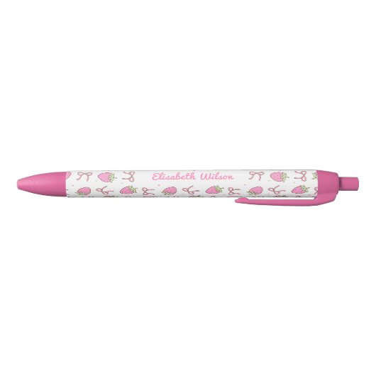 Girly Pink Coquette Strawberry Bow Script Naam Zwarte Inkt Pen (Bodem)