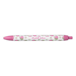 Girly Pink Coquette Strawberry Flower Script Naam Zwarte Inkt Pen