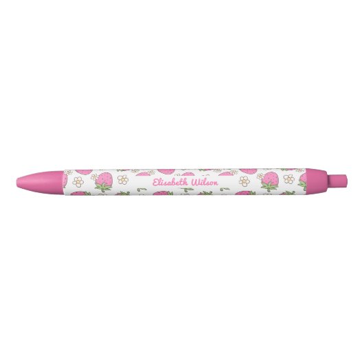 Girly Pink Coquette Strawberry Flower Script Naam Zwarte Inkt Pen (Voorkant)