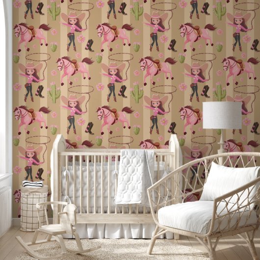 Girly Pink Cowgirl Horse Rodeo Western ontwerp Behang (Kinderen)
