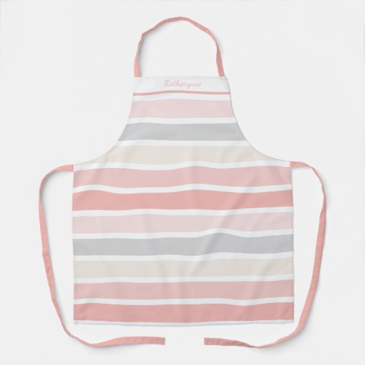 Girly Pink Cream Grey Stripes gepersonaliseerd Schort (Voorkant)