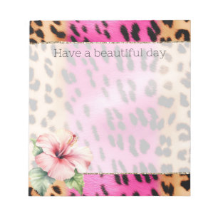 Girly Pink Cream Zwart Leopard Hibiscus Bloem Notitieblok