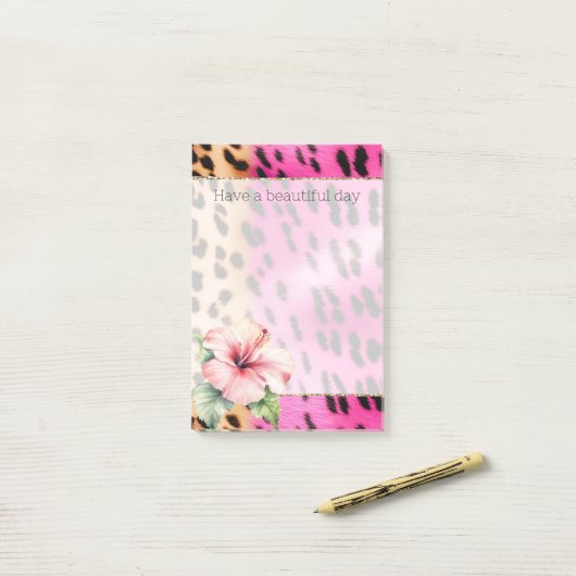 Girly Pink Cream Zwart Leopard Hibiscus Bloem Post-it® Notes (Op bureau)