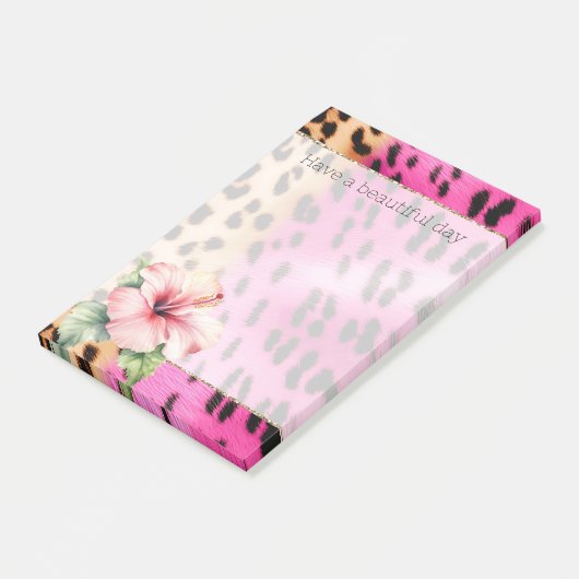 Girly Pink Cream Zwart Leopard Hibiscus Bloem Post-it® Notes (Schuin)
