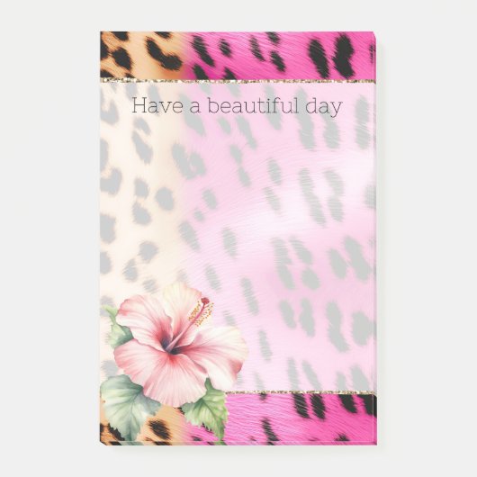 Girly Pink Cream Zwart Leopard Hibiscus Bloem Post-it® Notes (Voorkant)