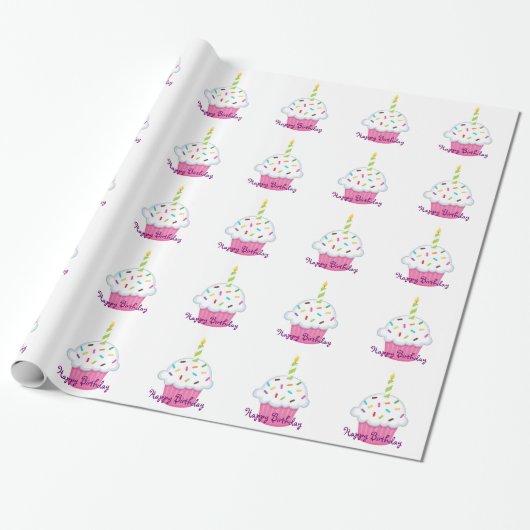 Girly Pink Cupcake Birthday Cadeaupapier (Uitgerold)