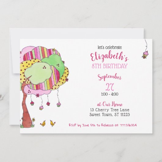 Girly Pink Cupcake Tree Birthday Party Invitation Kaart (Voorkant)