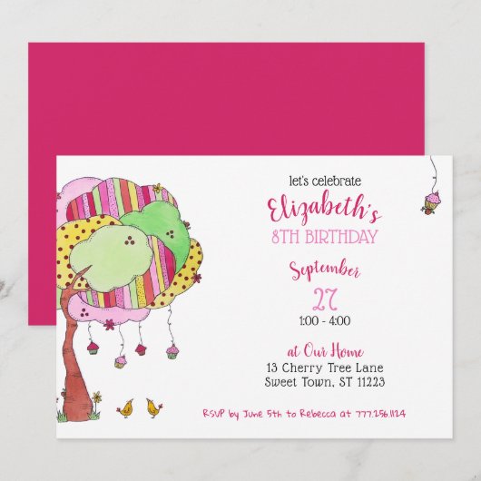 Girly Pink Cupcake Tree Birthday Party Invitation Kaart (Voorkant / Achterkant)