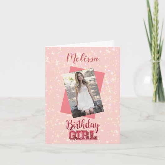 Girly Pink Custom Foto|Naam Roze Sparkle Birthday Kaart (Voorkant)
