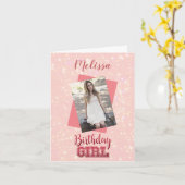Girly Pink Custom Foto|Naam Roze Sparkle Birthday Kaart (Gele Bloem)