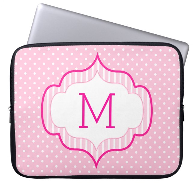 Girly Pink Custom Monogram Polka Dot Pattern Laptop Sleeve (Voorkant)