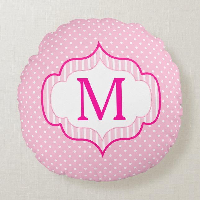 Girly Pink Custom Monogram Polka Dot Pattern Rond Kussen (Voorkant)