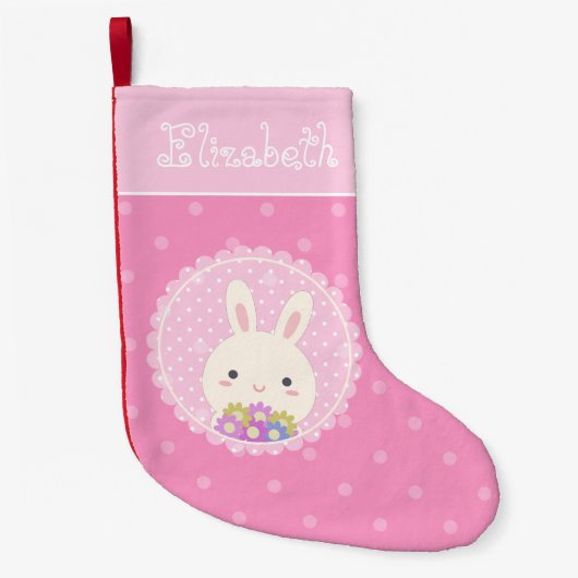 Girly Pink Cute Kawaii Bunny & Flowers Custom Name Kleine Kerstsok (Voorkant)